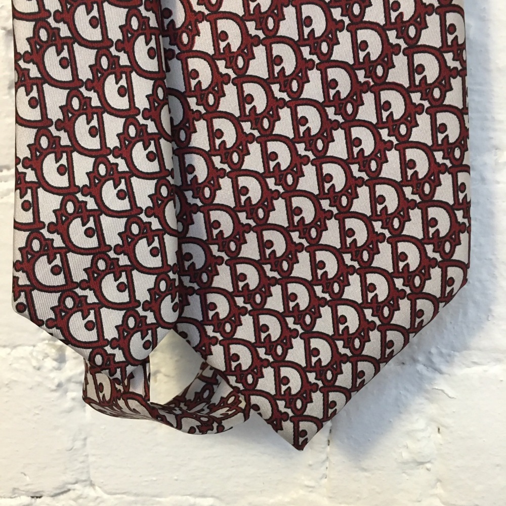 Christian Dior vtg silk necktie red oblique print - Picture 2 of 4